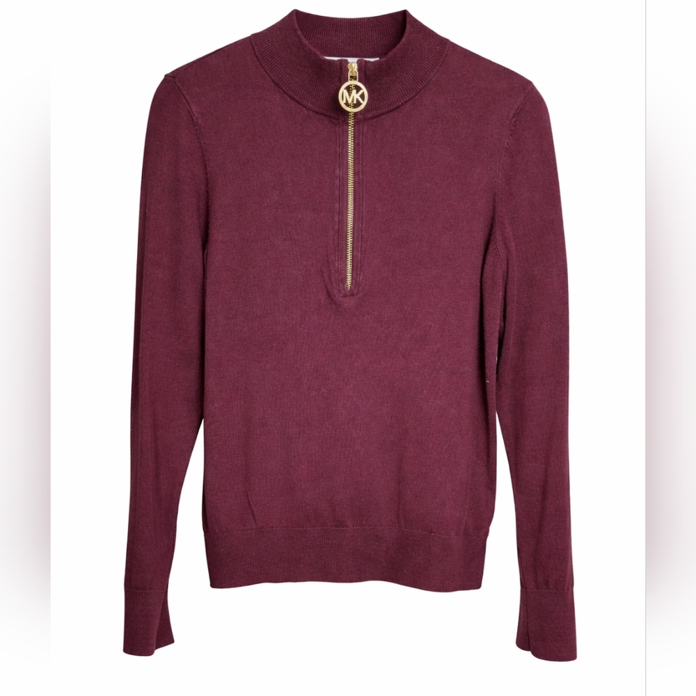 Michael Kors Plum Quarter Zip Sweater Gold MK Logo Pull Lightweight Knit